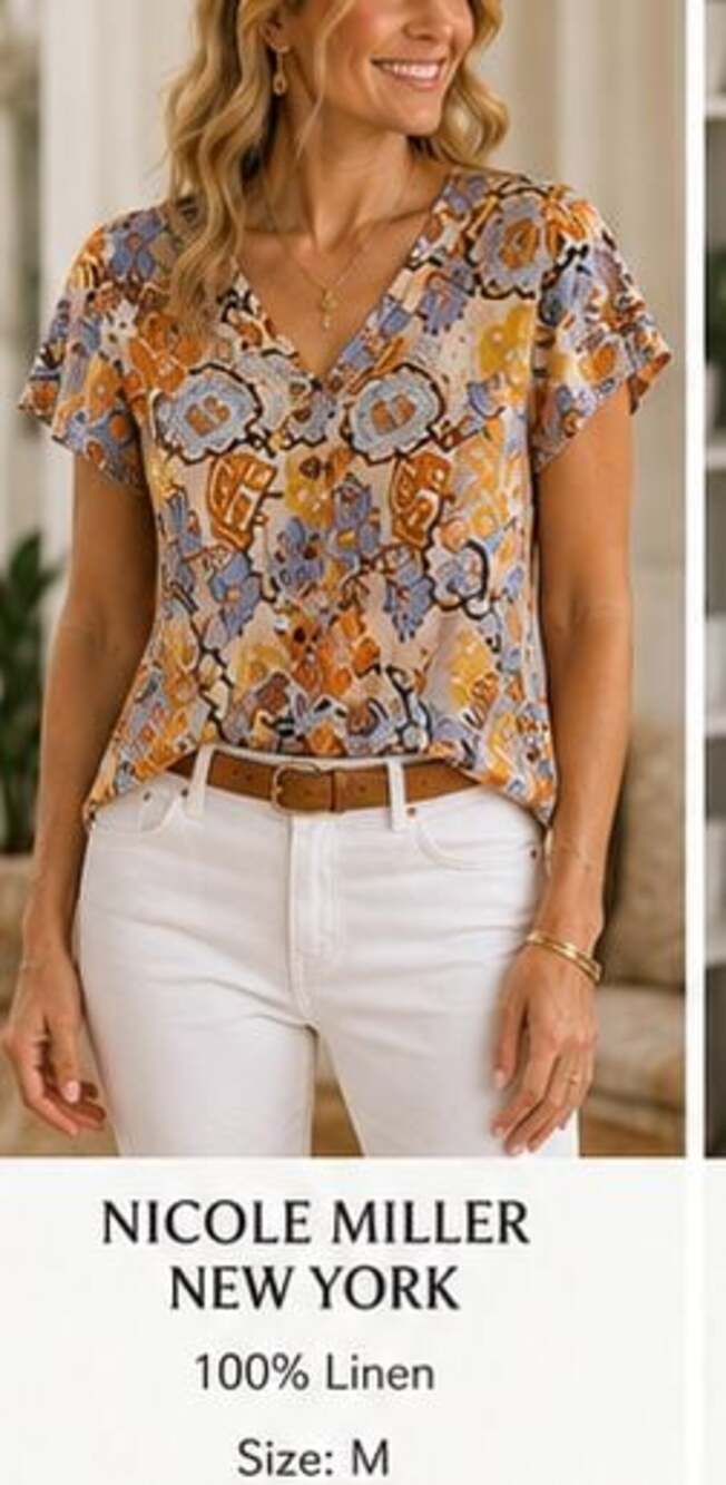 Nicole Miller New York 100% Linen Floral Button-Down Short Sleeve Top